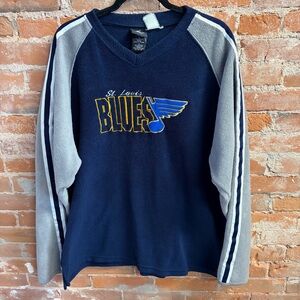 VTG 90’s St. Louis Blues Hockey Navy and Gray Striped V-Neck Sweatshirt Men’s XL